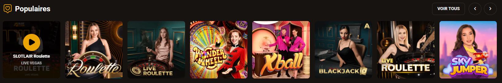 Jeux populaires du casino en direct Slotlair avec roulette et blackjack